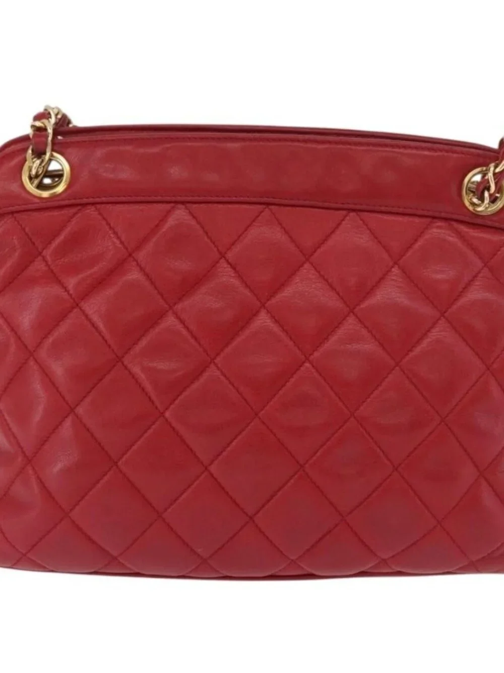 CHANEL Matelasse Chain Shoulder Bag Lamb Skin Red Gold CC Auth 187646